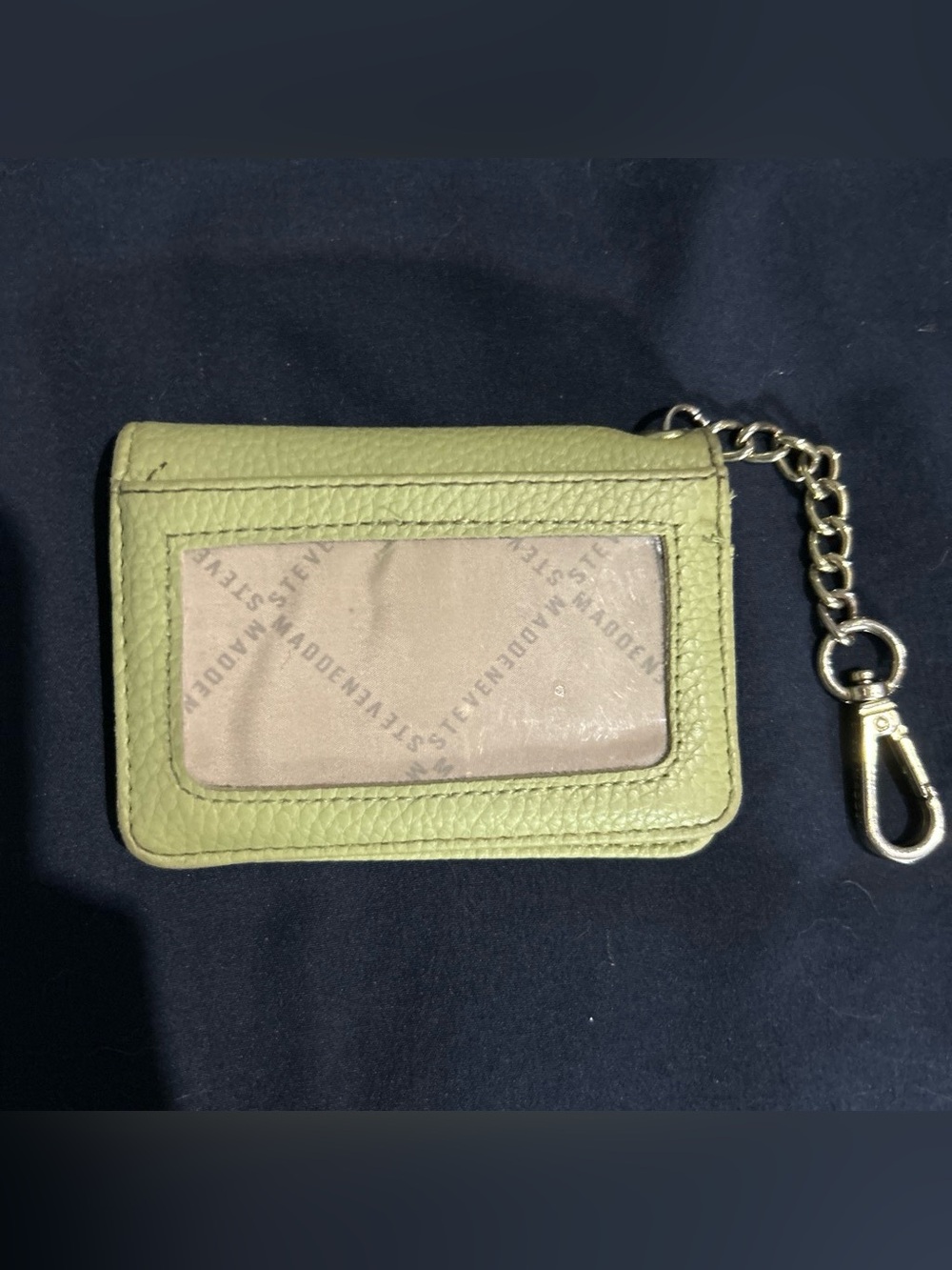 Steve Madden Olive Leather ID Card Holder with Gold Chain Clip
